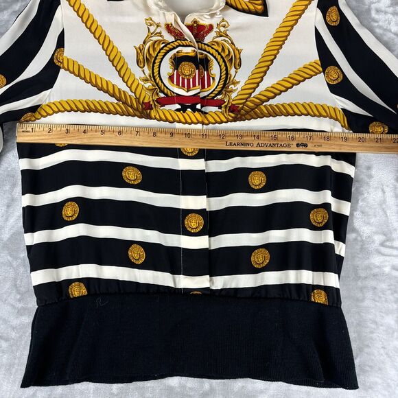 Vtg Francesca of Damon Silk Blouse Women's 4 White Black Stripe Coin Rope (0952) - Picture 10 of 11